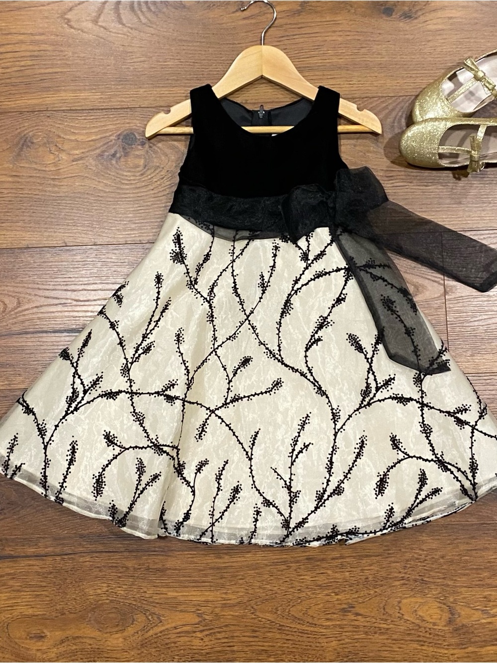 Vintage Y2K Sugar Plum Girls Black Velvet and Ivory Chiffon Holiday Dress 4T
